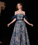 ロングドレス ベアトップ ナイトドレス 花柄 高級感 宴会 演奏会 お嬢様 パフスリーブ 油絵のプリンセスXH2-MBYD6.6