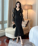 手作り 膝丈ドレス レース セクシー Vネック 谷間魅せ 宴会 マーメイド エレガント 気質 XH2-JY20679