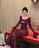 ロングドレス レース マーメイド エレガント 気質 宴会 袖付き XH2-ZED888538DXH238A