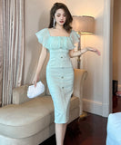 【手作り】膝丈ドレス フリル おしゃれ 小顔効果 スクエアネック エレガント XH2-JY20470