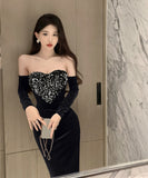 膝丈ドレス キャバドレス キラキラ 気質 ベアトップ セクシー 着瘦せ XH2-DD5333