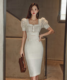 キャバドレス 膝丈ドレス スクエアネック エレガント 気質 パフスリーブ XH2-ZED889686BH538