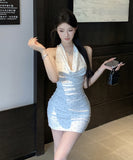 タイトドレス キャバドレス ミニドレス 水玉柄 ホルターネック セクシー 宴会 XH2-LE-g2813