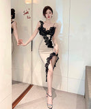 キャバドレス セクシー 非対称 レース 美足効果 Vネック ナイトクラブ XH2-ZED889030DXH343B