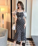 手作り 膝丈ドレス 水玉柄 オフショルダー フリル エレガント 気質 宴会 XH2‐JY50225