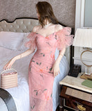 【手作り】ロングドレス ロマンティック風 花柄 パフスリーブ 小顔効果 フリル 大人可愛い XH2-JY10589