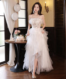 ロングドレス ベアトップふわふわ 刺繍 カラードレス 高級感 ウェディングドレス 宴会 演奏会　XH2-MBYD-ltao731899852919