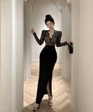 ロングドレス レース マーメイド エレガント 気質 宴会 袖付き Vネック XH2-ZED888300DXH238A