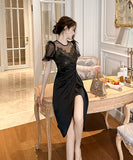 【手作り】膝丈ドレス 高品質 パフスリーブ エレガント 気質 セクシー XH2-JY40062