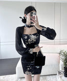 ミニドレス エレガント 気質 セクシー 着瘦せ 袖付き 花柄 XH2-LQE3101H349T