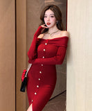 【4色】ニットドレス オフショルダー セクシー  着瘦せ 袖付き エレガント XH2-ZED883071BH453