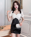 【2色】ミニドレス レース キャバドレス パフスリーブ 大人可愛い 谷間見せ セクシー タイトドレス XH2-JX5103