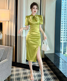 【手作り】膝丈ドレス 高品質 おしゃれ  パフスリーブ エレガント 宴会 高級感 XH2-JY30068