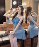 【ブルー&ブラック】ミニドレス キャバドレス ホルターネック 谷間見せ Aライン 着痩せ 気質 XH2-DD7544