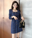 ミニドレス 手作り 秋新作 セレブ風 ツイード 小顔効果 スクエアネック エレガント XH2-JY20784