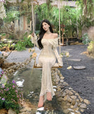 ロングドレスオフショルダーレースセクシーエレガントフリル着痩せ長袖おしゃれXH2-CD1-119-96610820