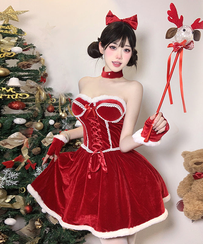 2色【5点セット】クリスマ 大人可愛い セクシー サンタ服 コスプレ Aライン ベアトップ リボン XH2-DML7