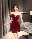 【2色】ミニドレス キャバドレス 谷間魅せ 指名 非対称 ベアトップ XH2-DD5656