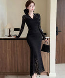 【2色】ロングドレス マーメイド レース Vネック セクシー エレガント XH2-DD7530