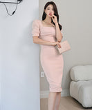 膝丈ドレス セクシー キャバドレス スクエアネック パフスリーブ 谷間魅せ 小顔効果 XH2-ZED886627BH506