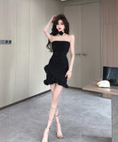 【2色】ミニドレス ベアトップ 非対称 セクシー フラワー フリル XH2-ZED886090GT513