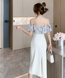 膝丈ドレス オフショルダー フリル 気質 エレガント 通勤 着痩せ おしゃれ XH2-DD4479