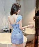 【blue&pink】ミニドレス キャバドレス セクシー キラキラ Party ワンショルダー XH2-DD4737