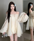 ミニドレス チュール エレガント オフショルダー リボン Aライン 着痩せ 気質 XH2-CD7-328-62130630