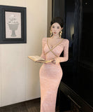 【2色】ロングドレス レース 谷間魅せ キラキラ エレガント セレブ風 キャバドレス XH2-ZED885576DXH238B