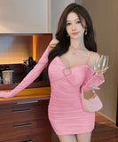 【4色】ミニドレス 秋新作 セクシー タイトドレス 谷間魅せ 袖付き XH2-DD5157