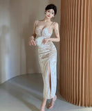 【4色】ロングドレス セクシー 着瘦せ 宴会 美足効果 キャバクラ 谷間魅せ XH2-DD5321