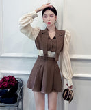 【2点セット】【3色】ミニドレス 大人可愛い 韓国っぽ おしゃれ 着瘦せ パフスリーブ XH2-ZED886831GD653