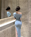 ロングドレスニットドレスワンショルダーセクシーエレガント通勤セクシー気質XH2-XKD-D318A-6340-Jun7