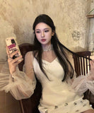 【2点セット】minidress キャバドレス キラキラ 高級感 セレブ風 パフスリーブ Vネック Sweet 通勤 XH2-DD7664