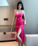 【3色】ロングドレス Vネック 谷間魅せ 指名 真珠 美足効果 XH2-DD5080