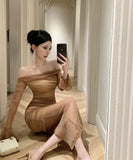 ロングドレス チュール エレガント セレブ風 オフショルダー 気質 宴会 パーティー 高級感 キラキラ XH2-ZED88655DXH346A