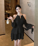 【ベージュ＆ブラック】ミニドレス キャバドレス エレガント 気質 フリル 大人可愛い XH2-DD5043