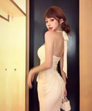 【2色】ロングドレス Vネック 谷間見せ マーメイド 女子力 キラキラ レース 肌見せ セクシー XH2-MXX5983