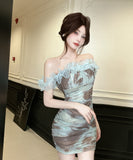 【3色】ミニドレス キャバドレス ベアトップ セクシー フリル 非対称 XH2-DD6593