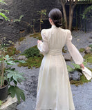 ロングドレス エレガント 袖付き チュール パフスリーブ Aライン 着痩せ 気質 XH2-CD7-339-50900750