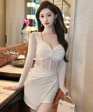 ミニドレス 秋 セクシー 着瘦せ 谷間魅せ 指名 非対称 キャバドレス XH2-DD5315