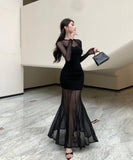 ロングドレス 透明感 マーメイド エレガント 気質 宴会 袖付き XH2-ZED888511DXH238A