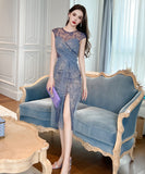 blue&black【手作り】膝丈ドレス 高品質 おしゃれ レース　チュール エレガント XH2-JY10553