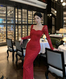 【Black&red】ロングドレス レース エレガント セレブ風 マーメイド 気質 宴会 パーティー 高級感 女子力 XH2-ZED885573DXH238B