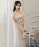 ロングドレス ナイトドレス 宴会 Party パフスリーブ リボン キラキラ 誕生日 演奏会 XH2-MBYD7-11