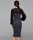 膝丈ドレス 秋新作 リボン スクエアネック エレガント セクシー 袖付き XH2-ZED889397C415