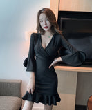 【2色】ミニドレス セクシー フリル キャバドレス 袖付き 谷間魅せ XH2-DD83548