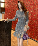 手作りドレス 膝丈ドレス キラキラ セレブ風 高級感 気質 フリル 小顔効果 XH2-JY30762