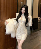 ミニドレス キャバドレス セクシー レース 谷間見せ 指名 気質 袖付き XH2-MXX2731