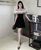 ミニドレス オフショルダー フリル 大人可愛い 着瘦せ 同伴 気質 XH2-ZED882688GT535